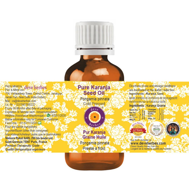 Deve Herbes Pure Karanja Seed Oil (Pongamia pinnata) | Cold Pressed | Natural | Undiluted | For Diluting Essential Oils | For Hair, Skin & Massage | Men & Women | 100ml | 3.38 fl oz [Fit Tuber Recs]