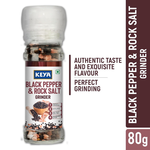 Keya Black Pepper & Rock Salt Grinder | Exotic Spices Blend Perfect for Soups, Meats, Stews, Chutneys | 80gm | 2.82 oz [Fit Tuber Recs]