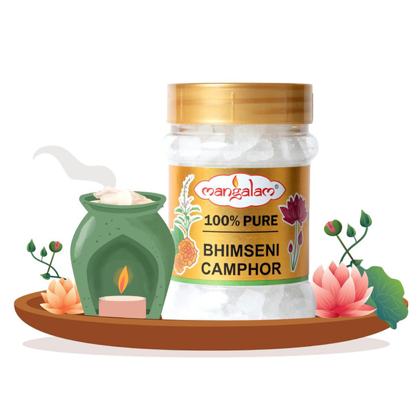 MANGALAM Bhimseni (Original) Solid Camphor 100G Jar - Pack Of 1 | 100% Organic | For Puja, Aromatherapy & Air Freshener | Sweet Fragrance | 100G | 3.53 oz [Fit Tuber Recs]