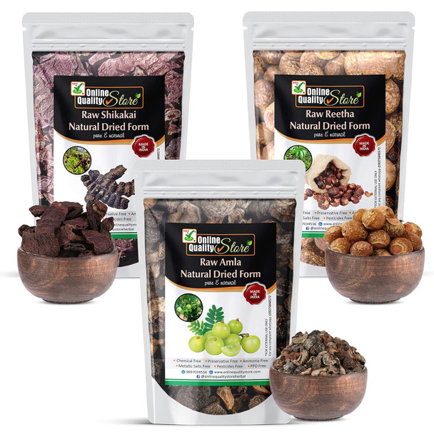 Online Quality Store reetha amla shikakai combo raw form - 600g |Aritha|Soapnuts (Sapindus Mukorossi) |Indian Gooseberry |dried Shikakai, Acacia Concinna, Total 600g Pack | 600g | 21.16 oz [Fit Tuber Recs]