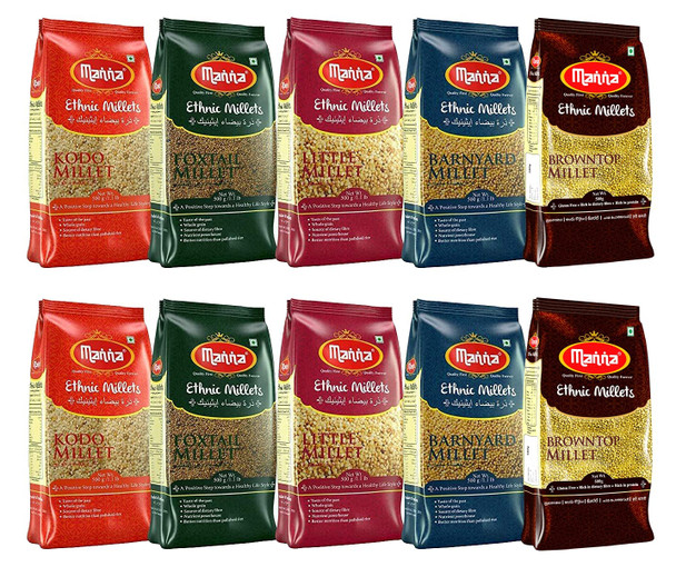 Manna Millets Whole Grain Combo Pack of 5 Browntop, Foxtail, Kodo, Little, Barnyard, Certified Low GI, Unpolished Natural Grains | 5Kg | 11.02 lb [Fit Tuber Recs]