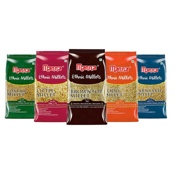 Manna Millets Whole Grains, Combo Pack of 5, Browntop, Foxtail, Kodo, Little, Barnyard, Certified Low GI, Unpolished Natural Grains | 2.5Kg, 500g | 5.51 lb, 17.64 oz [Fit Tuber Recs]