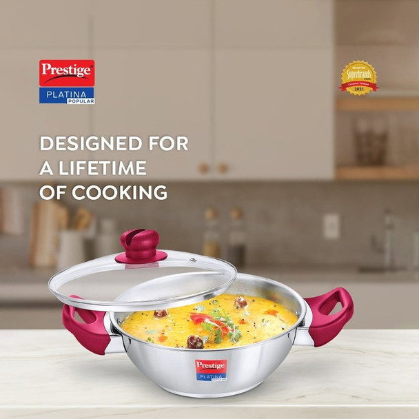 Prestige Platina Popular Kadai Glass Lid (Stainless Steel) | 2.8 ltrs | 94.66 fl oz [Fit Tuber Recs]