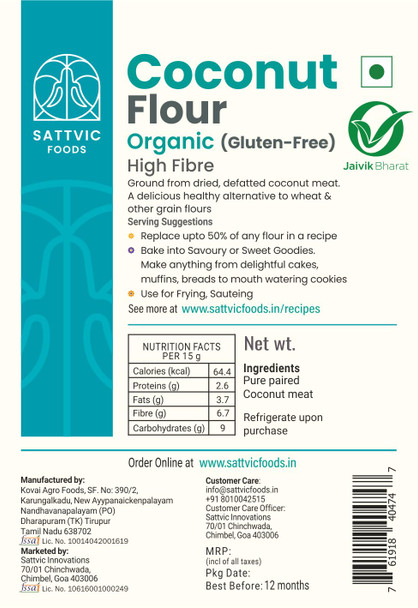 Sattvic Foods Coconut Flour (Certified Organic, Keto-Friendly, Gluten-Free, Defatted, Unrefined) | 500 g | 17.64 oz [Fit Tuber Recs]