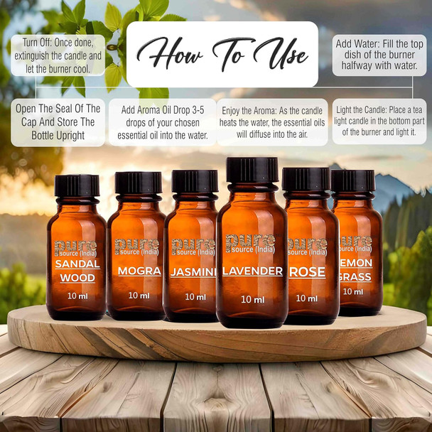 Pure Source India Aroma Diffuser Oil (Jasmine, Lavender, Lemongrass, Mogra, Rose And Sandalwood), Multicolour - Set of 6 | 10ml Each | 0.34 fl oz [Fit Tuber Recs]