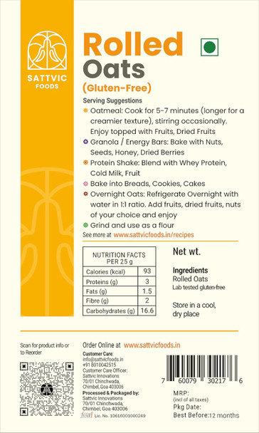Sattvic Foods Jumbo Rolled Oats (500 g) | Gluten-free, Large Old Fashioned Rolled Oat Flakes | High in Fibre and Protein | Make Oatmeal, Overnight Oats, Muesli, Granola bars, Use in Baking | 500 g | 17.64 oz [Fit Tuber Recs]