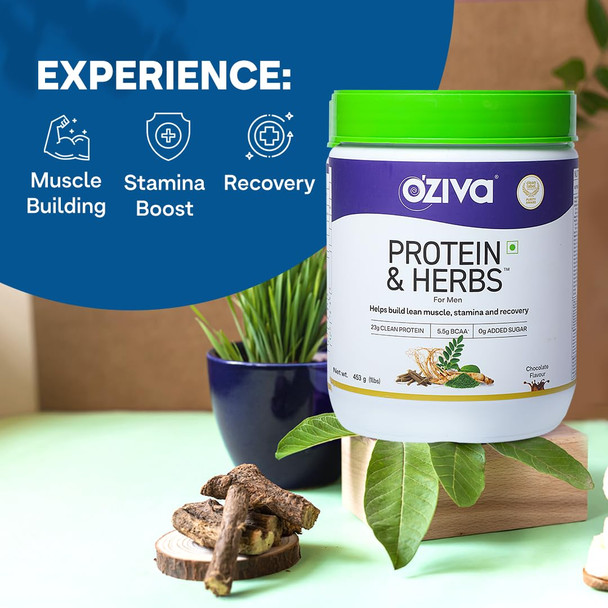 OZiva Protein & Herbs for Men (Banana Caramel) I Muscle Building, Stamina & Recovery | Clean Protein, Shatavari, Green Tea I No Added Sugar | 1lbs (453gm) | 16.00 oz [Fit Tuber Recs]