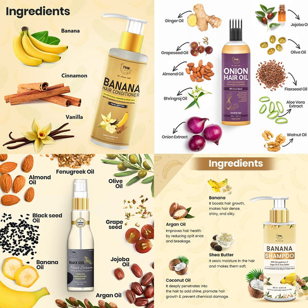 TNW-The Natural Wash Banana Shampoo, Banana conditioner, Black Seed Serum and Onion Hair Oil as Effective Hair Care Regime Nourished, Soft & Strong Hair Chemical-Free Haircare Products | 600 ml | 20.29 fl oz [Fit Tuber Recs]