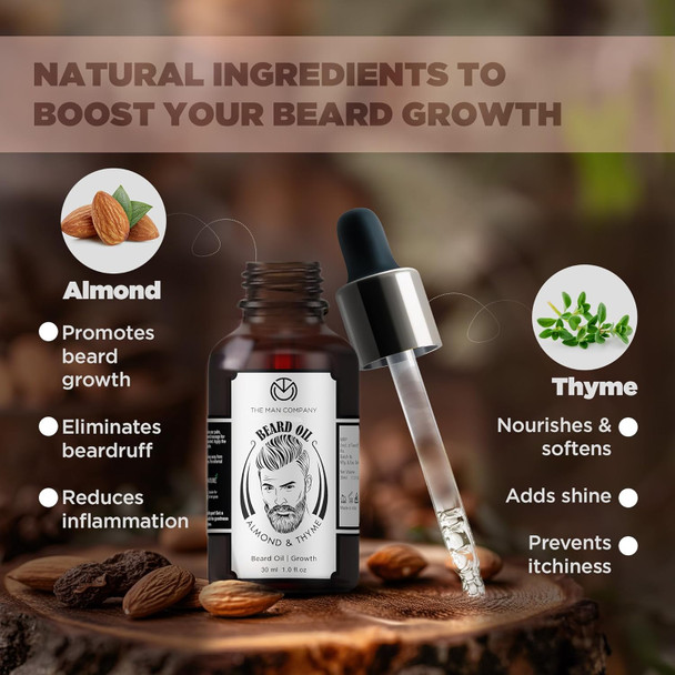 The Man Company Beard Oil for Growing Beard Faster with Almond & Thyme, NATURAL, Best Beard Growth Oil for Men, Nourishes & Strengthens Uneven Patchy Beard | 30ML | 1.01 fl oz [Fit Tuber Recs]