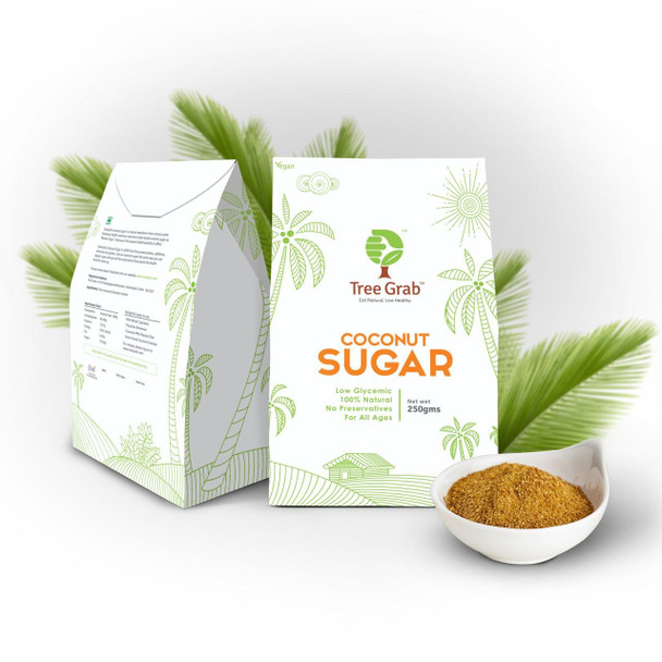 Tree Grab Natural Palm Coconut Sugar, Made of Pure, Organic & Natural Ingredients, Unrefined & Wholesome Powdered Brown Sugar for Baking, Tea & Coffee | 250 Grams | 8.82 oz [Fit Tuber Recs]