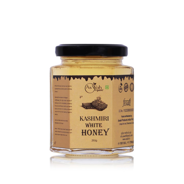 AsWah Organic Kashmir White Honey | Creamy Honey | 100% Pure Kashmiri White Honey | Organic White Creamy Honey | Kashmiri White Honey | Natural No added sugar Honey | 250 gm Pack of 1