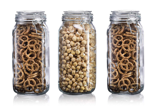 STAR WORK 1.5 Liters Mason Glass Jars With Buckle Lids Airtight Kitchen Container Set- Pack Of 3 Bottles, Transparent | 1500 ml | 50.72 fl oz [Fit Tuber Recs]