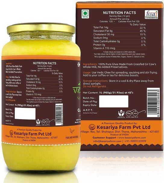Vedic Ghee Premium A2 Gir Cow Cultured Desi Ghee from Kesariya Farm | Vedic Bilona Two Way Churned | Indian Gir Cow Ghee, Pure A2 Ghee, Natural & Healthy, Non-GMO | 1L | 33.81 fl oz [Fit Tuber Recs]
