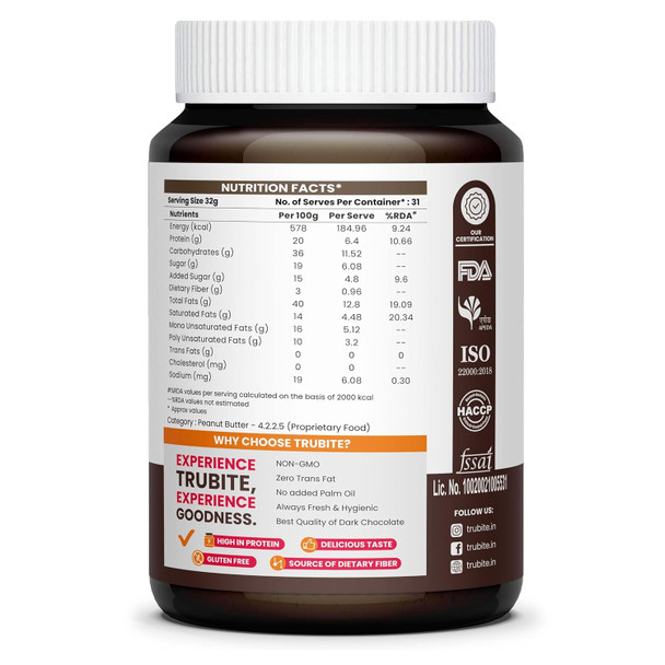 Trubite Chocolate Peanut Butter (Creamy) | High in Protein | Goodness of Dark Chocolate | No Cholesterol | Rich in Antioxidant | 1kg | 2.20 lb [Fit Tuber Recs]