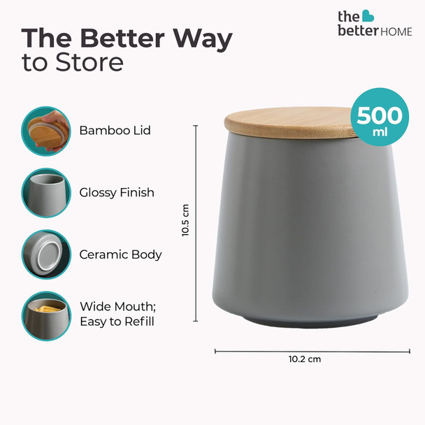 The Better Home Ceramic Jars for Kitchen Storage with Bamboo Lids | Multipurpose Airtight Kitchen Containers for Cookies, Snacks, Pickles, Pulses, Coffee, Sugar, Dry Fruits (Grey) | 500ml | 16.91 fl oz [Fit Tuber Recs]