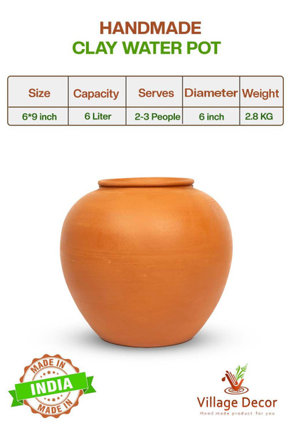 Village Decor Handmade earthen Natural Clay Drinking Water Pot (Pot, Terracotta) | 6 Liters | 202.88 fl oz [Fit Tuber Recs]