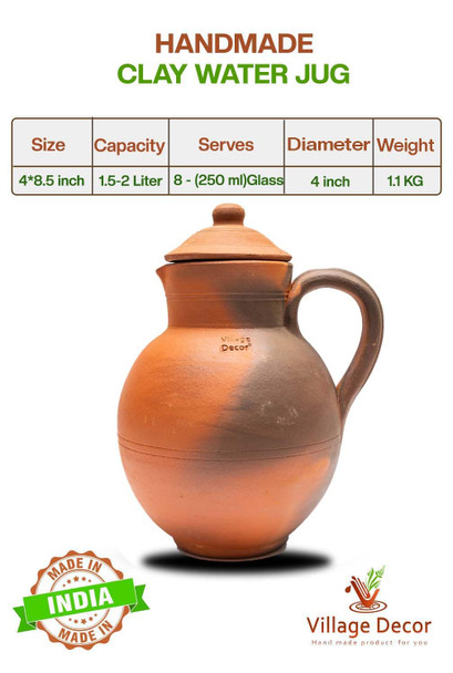 Village Decor Handmade Terracotta Preseasoned Clay Classic Water jug | 1.5-2 Liter | 50.72 fl oz - 67.63 fl oz [Fit Tuber Recs]