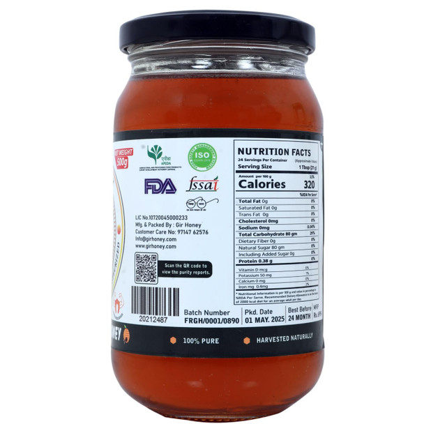 GIR HONEY Raw Organic Honey NMR Tested Pure Natural Unprocessed Original Honey - 500 g Glass Jar (Pack of 1)