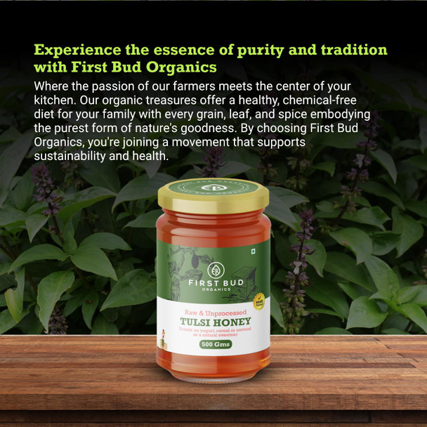 First Bud Organics Raw Tulsi Honey - 500gm | 100% Pure, Natural & Unprocessed Tulsi Honey | Infused with Holy Basil for Enhanced Health Benefits | Rich in Antioxidants | Ethically Sourced