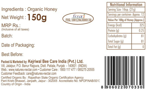 Nature's Nectar Raw Organic Honey 150g | 100% Pure NMR Tested | Raw and Unprocessed