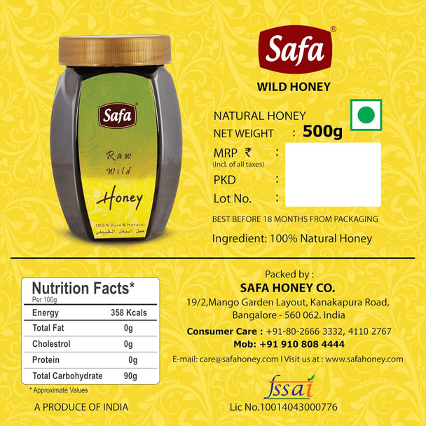 Safa Raw Wild Honey | Organic Honey Raw Unprocessed 100% Pure Natural | Vegetarian Unheated Fresh | No Added Preservatives and Colours | Raw Wild Honey Immunity Boosters For Adults And Children | 500g PET Jar