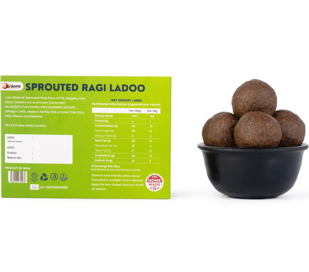 From Granny - Sprouted Ragi Laddu with Jaggery & Cow Ghee | Indian Mithai Jaggery Sweets | Granny Ragi Ladoo without Sugar | 200g
