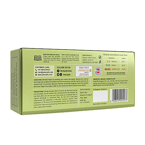Pee Safe 100% Organic Cotton Biodegradable Tampons - Super|16 pcs