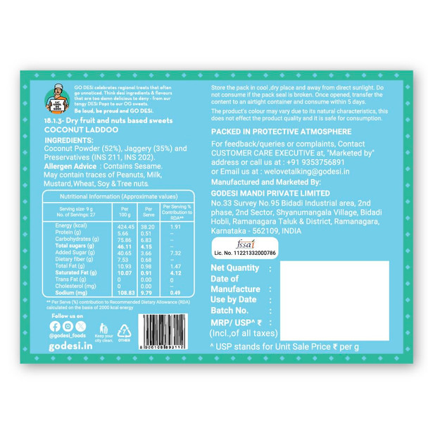 GO DESi Coconut Laddoo, Made with Jaggery, Nariyal Ladoo, Laddu, Sweets Indian Mithai, Gift pack, 200/250 grams