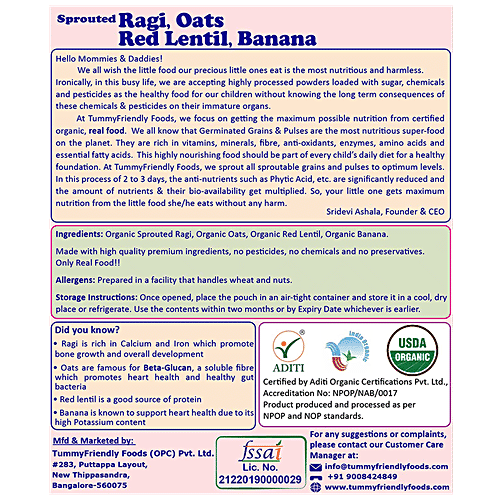 TummyFriendly Foods 100% Organic Sprouted Ragi, Oats, Red Lentil, Banana Porridge Mix|200 g