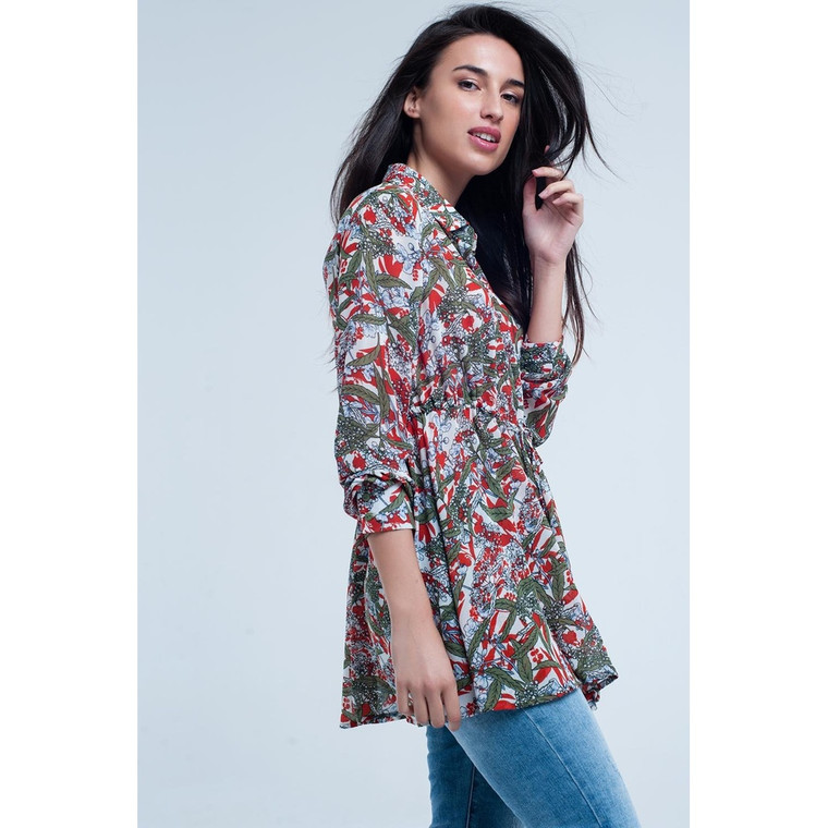 Red Shirt With Leaf and Flower Print