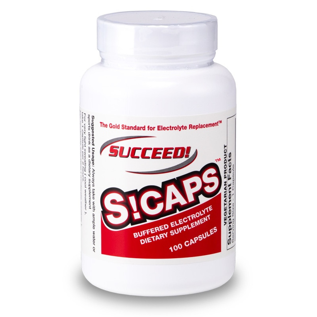 Developed in 1995 by scientist and ultramarathoner Karl King, SUCCEED! Electrolyte Caps have become The Gold Standard for Electrolyte Replacement™.

S! Caps are 100% electrolytes. Beware of imitations that use ineffective, non-electrolyte fillers such as sugars or the carbohydrate maltodextrin.

• Alleviation of cramping
• Buffers to help stabilize the stomach
• Protection against potentially fatal hyponatremia
• Sodium and potassium in effective amounts
• Phosphate and citrate for energy production
• S! Caps is the ONLY electrolyte product that delivers the correct ratio of electrolytes (cations and anions)
• Vege caps for vegetarians!