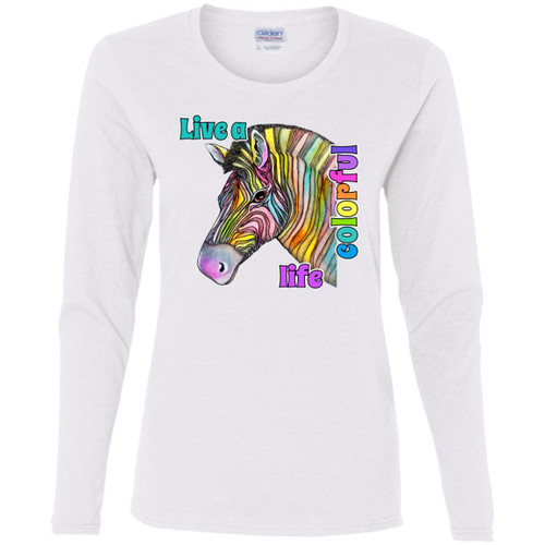 Live a Colorful Life Zebra Design Ladies' Cotton LS T-Shirt