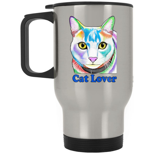 Cat Lover Tabby Cat Design  Silver Stainless Travel Mug