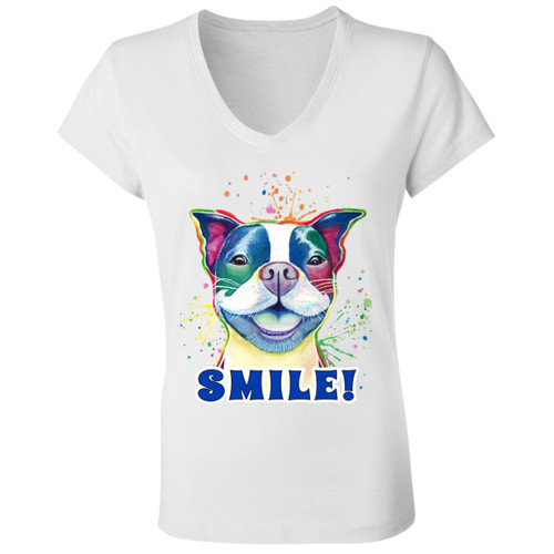 Smile! Smiling Boston Terrier Design Ladies' Jersey V-Neck T-Shirt