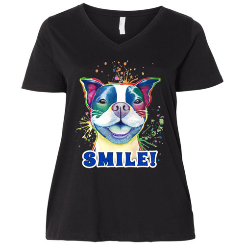 Smile! Smiling Boston Terrier Design Ladies' Curvy V-Neck T-Shirt