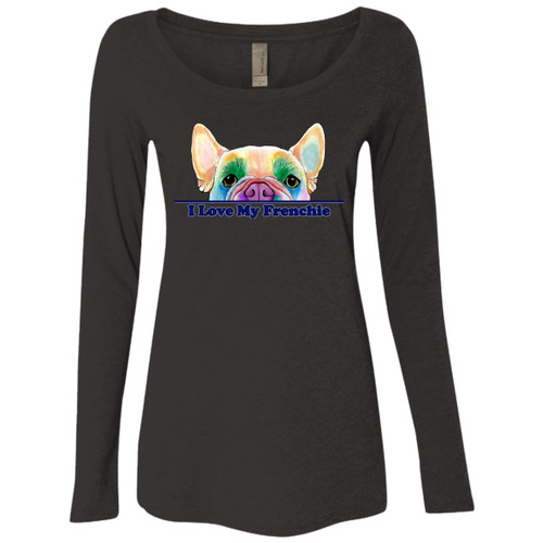 I Love My Frenchie Pee-a-Boo French Bulldog Design Ladies' Triblend LS Scoop