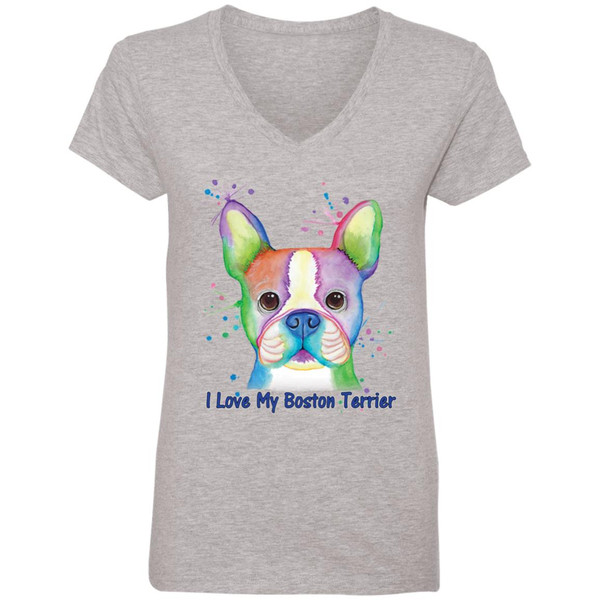 I Love My Boston Terrier Design Ladies' V-Neck T-Shirt