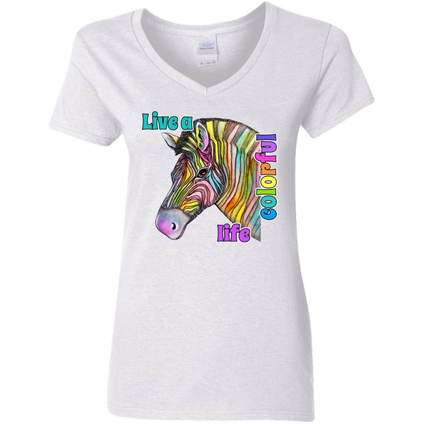 Live a Colorful Life Zebra Design Ladies' 5.3 oz. V-Neck T-Shirt