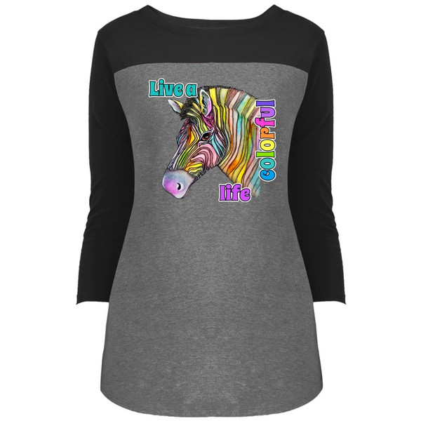Live a Colorful Life Zebra Design Juniors' Rally 3/4 Sleeve T-Shirt