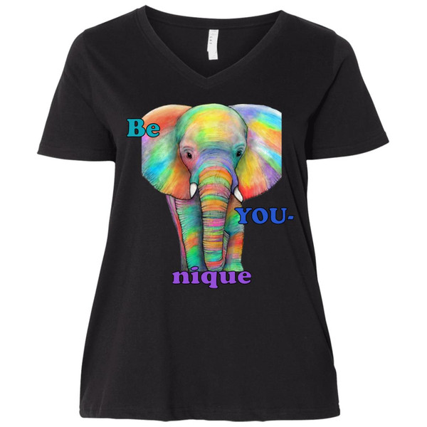 Be YOU-nique Colorful Elephant Design Womens' Curvy V-Neck T-Shirt