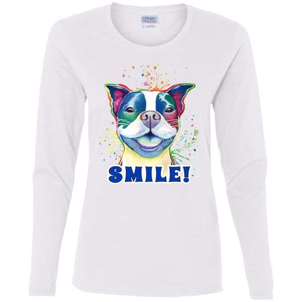 Smile! Smiling Boston Terrier Design Ladies' Cotton LS T-Shirt