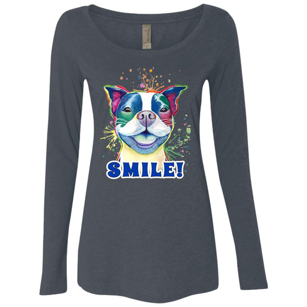 Smile! Smiling Boston Terrier Design Ladies' Triblend LS Scoop