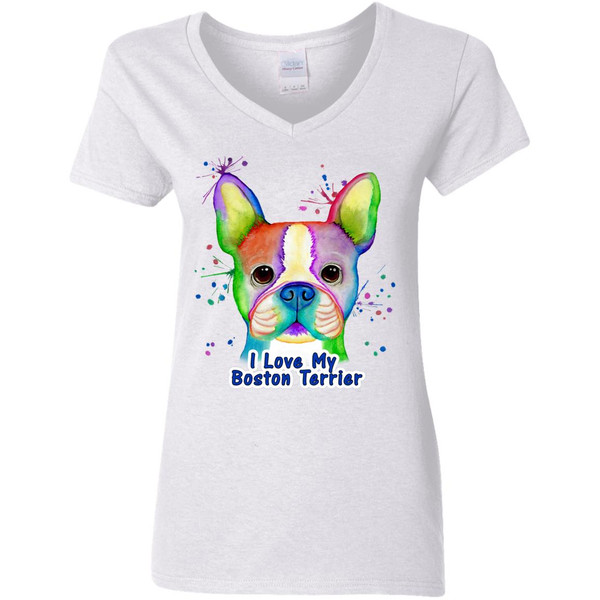 I Love My Boston Terrier Design Ladies' 5.3 oz. V-Neck T-Shirt