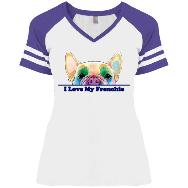 I Love My Frenchie Pee-a-Boo French Bulldog Design Ladies' Game V-Neck T-Shirt