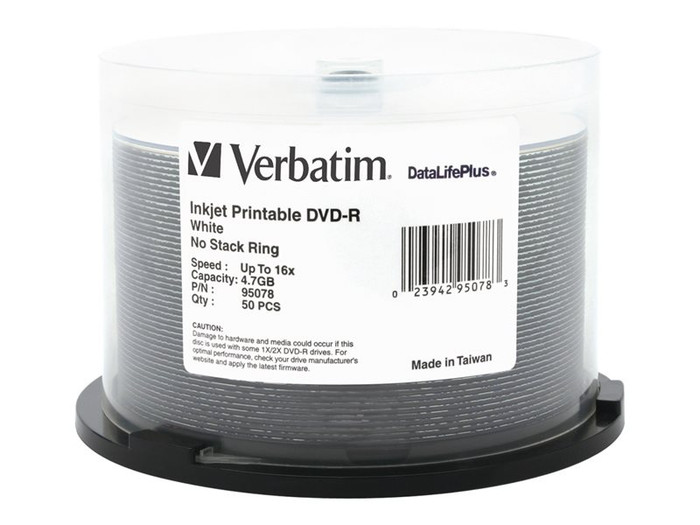 VER95078 Verbatim Dvd-R Dl+ Inkjt 50Pk 4.7Gb/16X Spin-White By Arlington