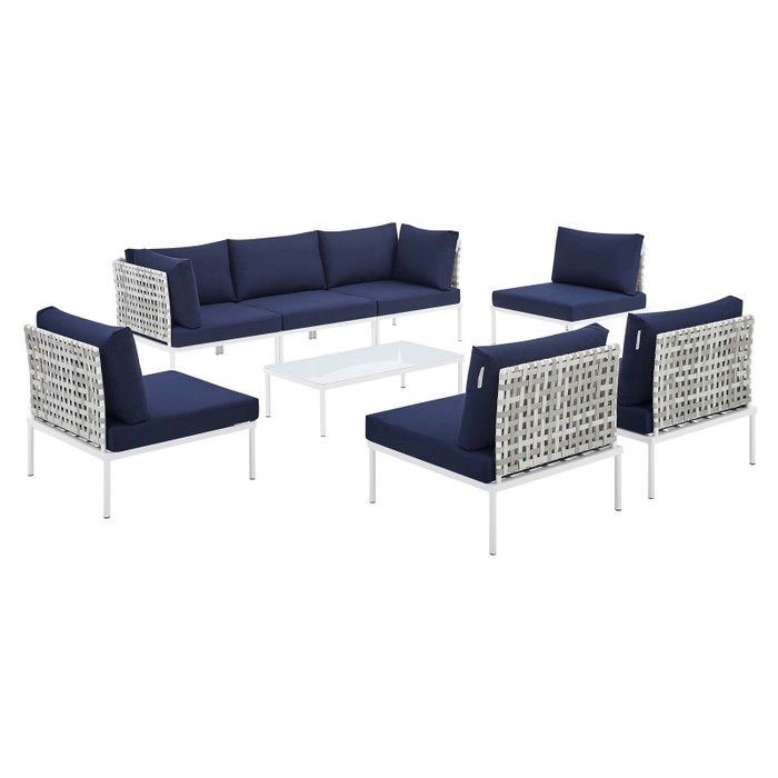 EEI-4938-TAU-NAV-SET Harmony 8-Piece Sunbrella Basket Weave Outdoor Patio Aluminum Sectional Sofa Set By Modway