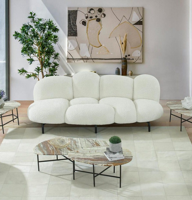 Divani Casa Glaster - Contemporary White Sherpa 88" Bubble Sofa VGODZW-20036-WHT-S