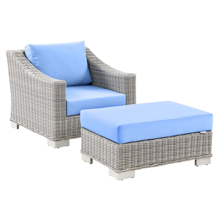EEI-5090-LBU Conway Outdoor Patio Wicker Rattan 2-Piece Armchair And Ottoman Set By Modway