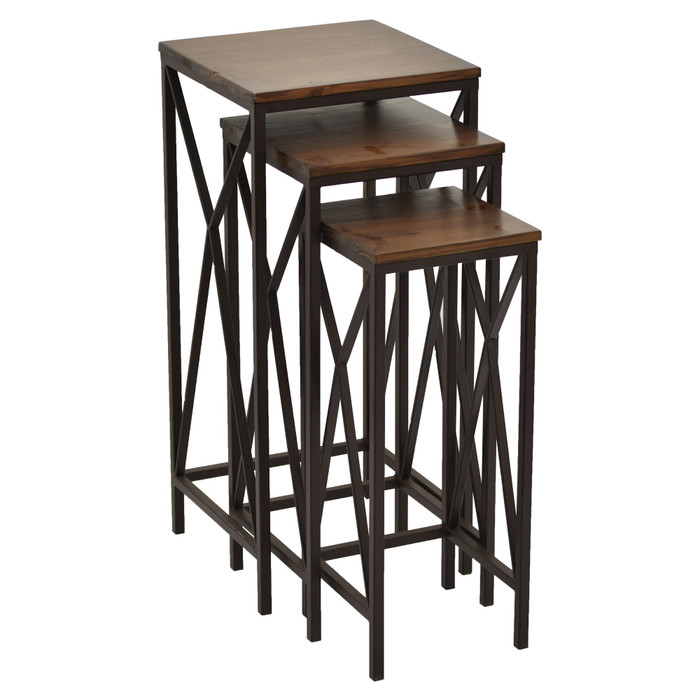 Metal With Wood Top Table In Brown Metal (Set Of 3) Plutus PBTH94486
