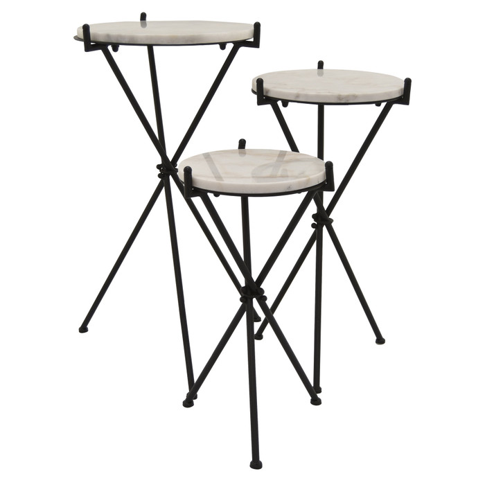Metal Plant Stand With Marble In Black Metal (Set Of 3) Plutus PBTH94049